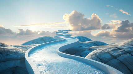 Surreal water pathway in a fantasy landscape with mountains and clouds on a sunny day. Dreamlike and serene scenery.