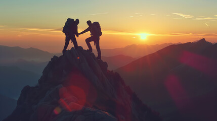 Two hikers reaching the mountain peak at sunset, symbolizing teamwork, adventure, and success.