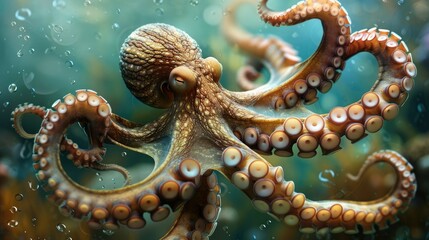 Fototapeta premium An octopus with swirling tentacles glides through the underwater realm, its eyes gleaming with curiosity