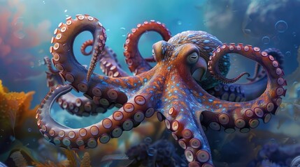 Fototapeta premium An octopus with swirling tentacles glides through the underwater realm, its eyes gleaming with curiosity