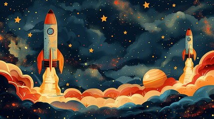 A vibrant, abstract backdrop with hand-drawn rockets and stars, capturing the excitement of exploration and the limitless potential of the cosmos. Abstract Backgrounds Illustration, Minimalism,