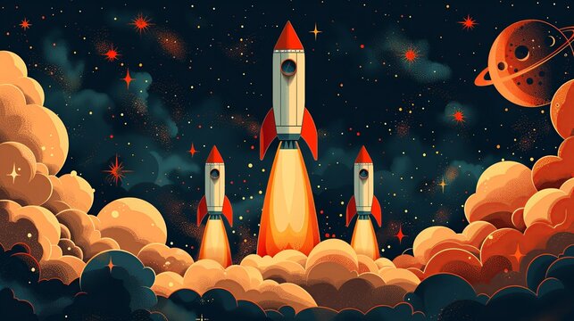 A vibrant, abstract backdrop with hand-drawn rockets and stars, capturing the excitement of exploration and the limitless potential of the cosmos. Abstract Backgrounds Illustration, Minimalism,