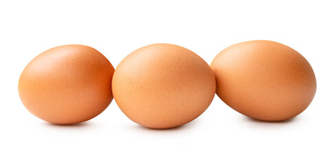 Front view of brown chicken eggs in stack isolated on white background with clipping path.