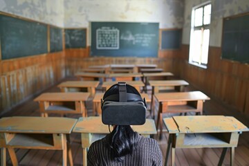 Student explores educational content through immersive virtual reality technology in a traditional classroom setting. Blending past and future for enhanced learning.