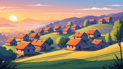 Simple village view with dawn in the background, Ai generated