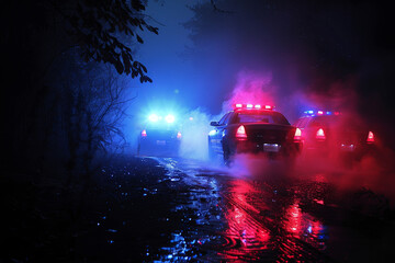 Dramatic night scene of police cars with flashing lights chasing a vehicle through a foggy background, evoking a sense of urgency and pursuit