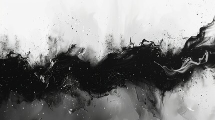 Abstract black and white splatter pattern with a touch of grey, creating a dramatic and edgy background reminiscent of ink blots and artistic expression. Abstract Backgrounds Illustration, Minimalism,