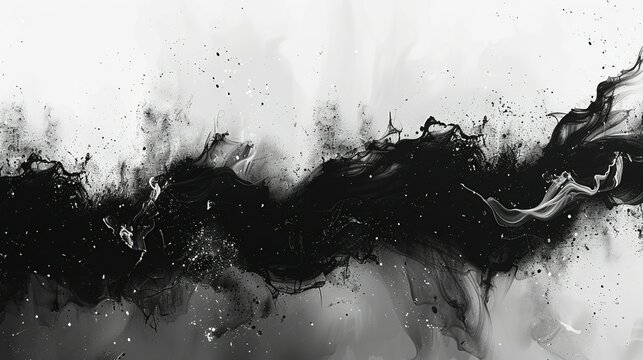 Abstract black and white splatter pattern with a touch of grey, creating a dramatic and edgy background reminiscent of ink blots and artistic expression. Abstract Backgrounds Illustration, Minimalism,