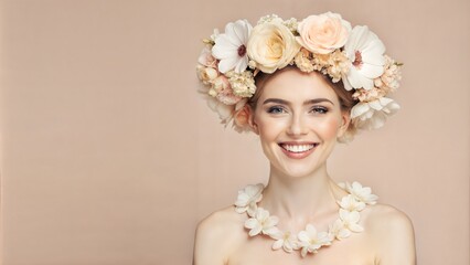 Naklejka premium Woman with Flower Garland - A woman adorned with a beautiful flower garland around her neck, smiling warmly. 
