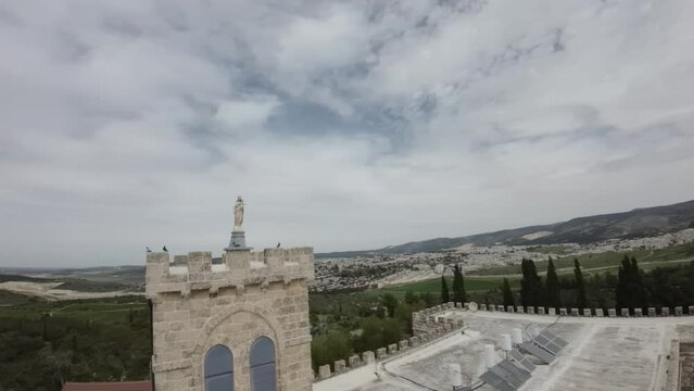 Aerial FPV video over Beit Jamal Catholic Monastery, Israel The landmark is located near Beit Shemes