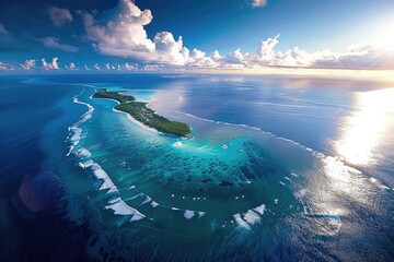 Aerial view of a tropical island surrounded by vibrant blue ocean waters, with white waves and a beautiful cloudy sky at sunset.