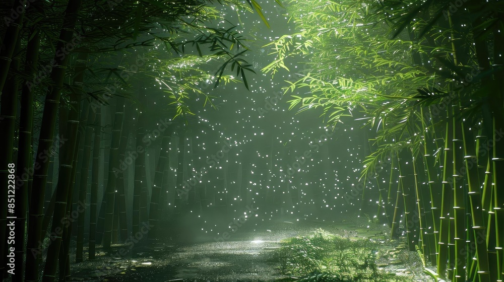 Poster enchanting bamboo forest path illuminated by gentle sunlight with sparkling particles in the air, cr