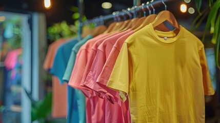 Row of colorful T-shirts hanging on clothing rack display for sale in boutique fashion store at shopping mall