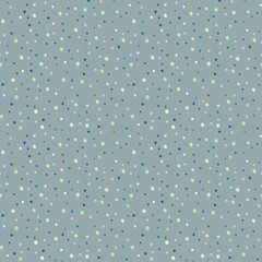 Seamless cute retro polka dot pattern. Small Blue, white, green polka dots on a gray background.