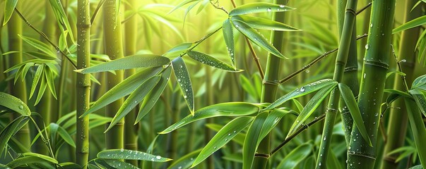 A serene bamboo forest illuminated by sunlight with glistening water droplets. Perfect for nature, calmness, and Asian-themed projects.