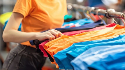 Obraz premium Row of colorful T-shirts hanging on clothing rack display for sale in boutique fashion store at shopping mall
