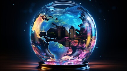 A vibrant, glowing depiction of the Earth in a transparent sphere, showcasing an artistic and modern representation of global geography with vivid colors.