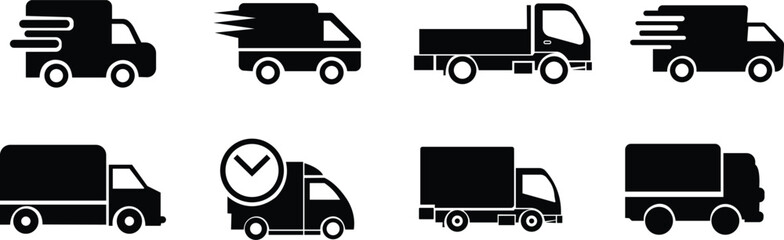 Set of Fast moving shipping delivery truck fill icons for transportation app and websites isolated on transparent background. Service truck, road transport symbols. Track and trace processing status.
