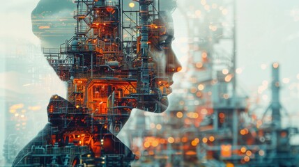 A captivating blend of an engineer's silhouette and a power plant, showcasing the intricate inner workings of machinery through double exposure. Created with Generative AI.