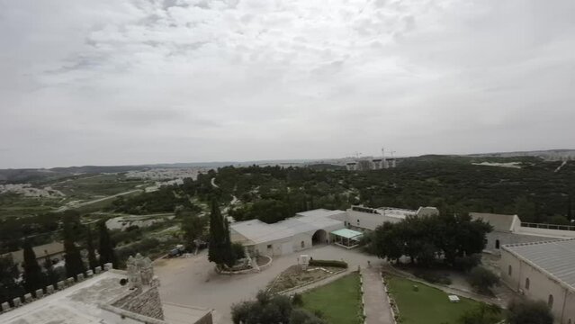Aerial FPV video over Beit Jamal Catholic Monastery, Israel The landmark is located near Beit Shemes
