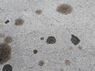 Dark and light grey street asphalt with oil vehicle stains texture or background. Grunge rough gray road floor surface.