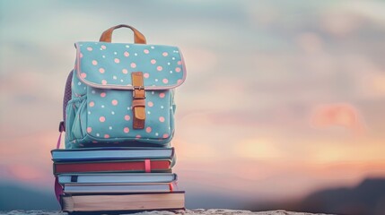 Back-to-school concept with a stylish polka-dot backpack and textbooks against a soft, sunrise-colored backdrop