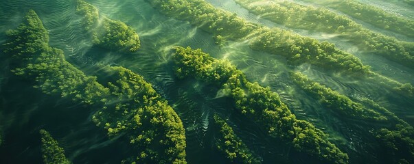 Fototapeta premium A serene underwater scene with lush green seaweed swaying in sunlight-filtered water, creating a peaceful and natural aquatic environment.