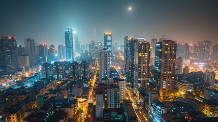 Obraz premium a view of a city at night with a full moon in the sky