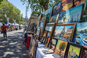 Artist showcasing their works at an outdoor Bastille Day art exhibition celebrating French culture.
