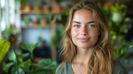 Fototapeta premium Portrait of a Smiling Woman Surrounded by Indoor Plants in a Modern Eco-Friendly Business Environment