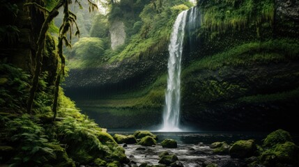 waterfall cascading down a verdant cliffside, 