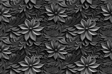 Fototapeta premium 3D floral seamless pattern with black and white theme, ready for full-print pattern design