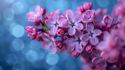 Soft-focus image of lilac blossoms against a blurred background of chambray blue, creating a dreamy atmosphere for wedding invitations or romantic themes. Abstract Backgrounds Illustration,