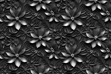 3D floral seamless pattern with black and white theme, ready for full-print pattern design