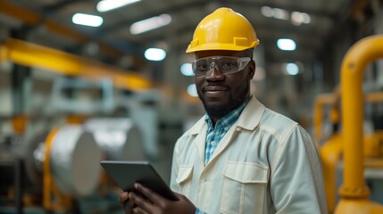 A confident factory supervisor in a yellow helmet holds a digital tablet in an industrial setting