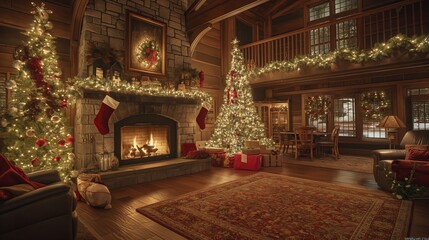 A cozy, warmly lit living room decorated for Christmas, complete with a roaring fireplace and multiple festive trees.