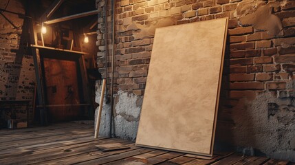 An MDF board leans against a brick wall in a rustic workshop, lit by warm industrial lighting.