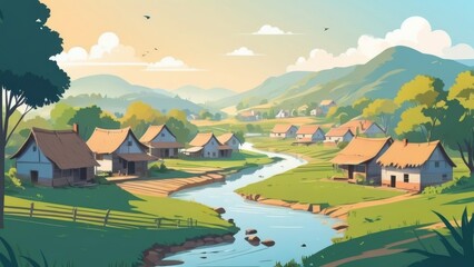 Simple village view with daytime background, Ai generated