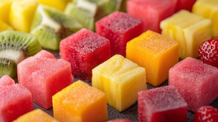 A vibrant mosaic of freshly diced fruits dusted with sugar showcases a tempting array of textures and hues.