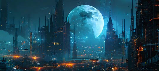 Fototapeta premium Futuristic Cityscape with Illuminated Buildings and Blue Moon