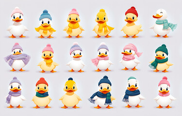 Cartoon duck ,psyduck wearing hats and necklaces
，Duoge Comics. Multi grid emoticons, multiple animal avatars and expressions