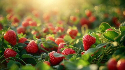 Sunlit strawberry plants heavy with ripe berries suggest a serene morning in a vibrant, fertile garden