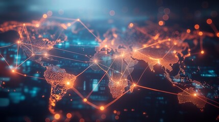 The world map lights up at night, showing interconnected data flows and energy pulsing across continents.