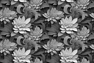 3D floral seamless pattern with black and white theme, ready for full-print pattern design