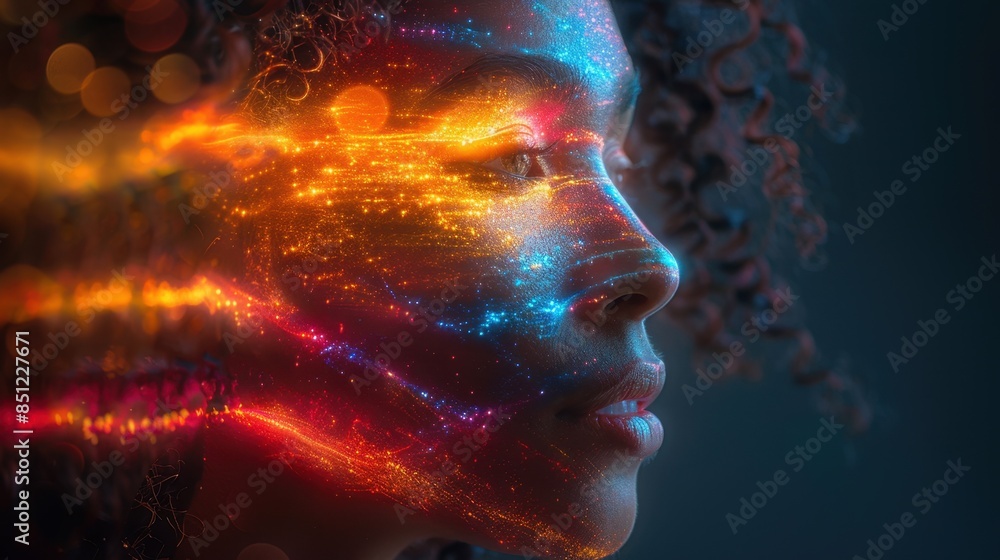 Poster an abstract artistic portrait featuring a subject with vivid, multicolored lighting cascading across