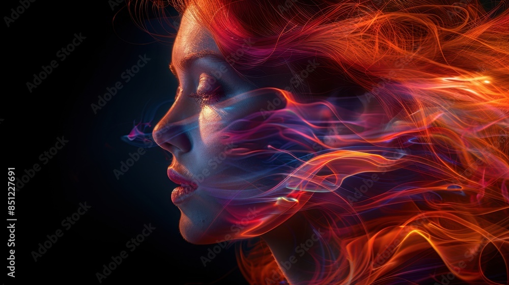 Poster an abstract artistic portrait featuring a subject with vivid, multicolored lighting cascading across