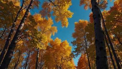 Colorful autumn landscape Beautiful autumn forest blue sky.