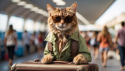Funny cat tourist in sunglasses standing with suitcase going on summer holiday trip.