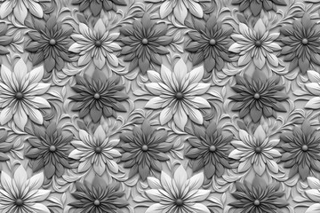 3D floral seamless pattern with black and white theme, ready for full-print pattern design