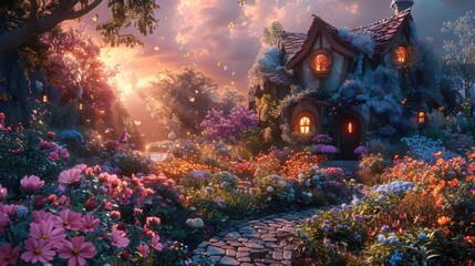 A whimsical garden with oversized, fantastical flowers and plants. The sky is a canvas of swirling pastel colors, casting a dreamlike glow over the landscape. Giant butterflies and other magical